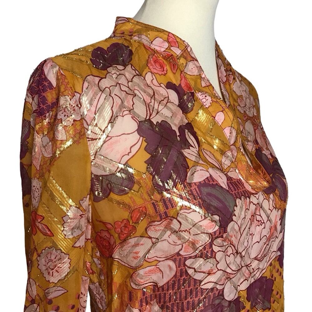 Tory Burch Metallic Silk Gold Orange Yellow Long Flutter Sleeve Tunic Blouse 6 - Picture 5 of 13